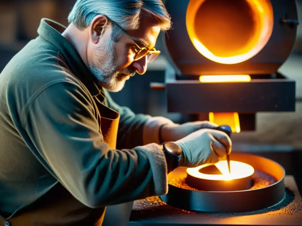 Un experto artesano vierte metal fundido en un molde en un taller iluminado por la luz cálida del horno