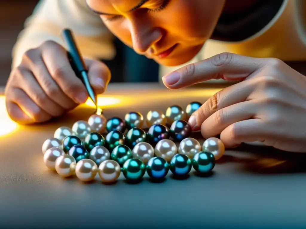 Examen minucioso de perlas: arte y precisión Un experto artesano examina perlas iridiscentes bajo una luz cálida, transmitiendo lujo y precisión en la inversión en perlas de lujo