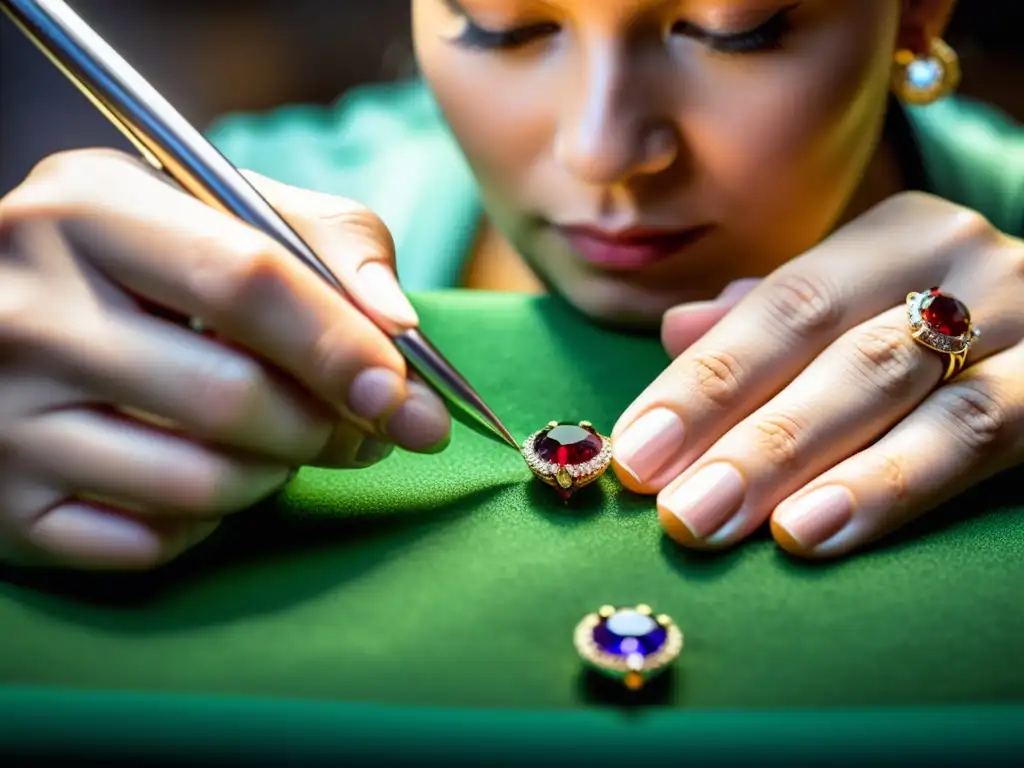 Un experto artesano de joyería crea una pieza delicada con gemas, mostrando profesionalismo y dedicación