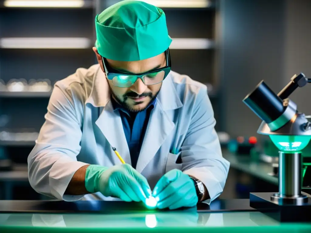 Un experto artesano crea con precisión una gema sintética en un laboratorio moderno, reflejando innovación y dedicación