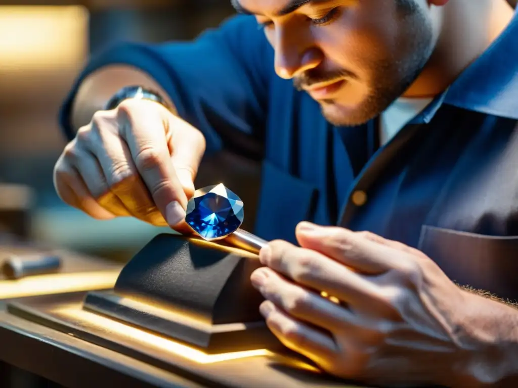 Un experto artesano talla una rara y vibrante zafiro azul en un taller tradicional, resaltando su belleza