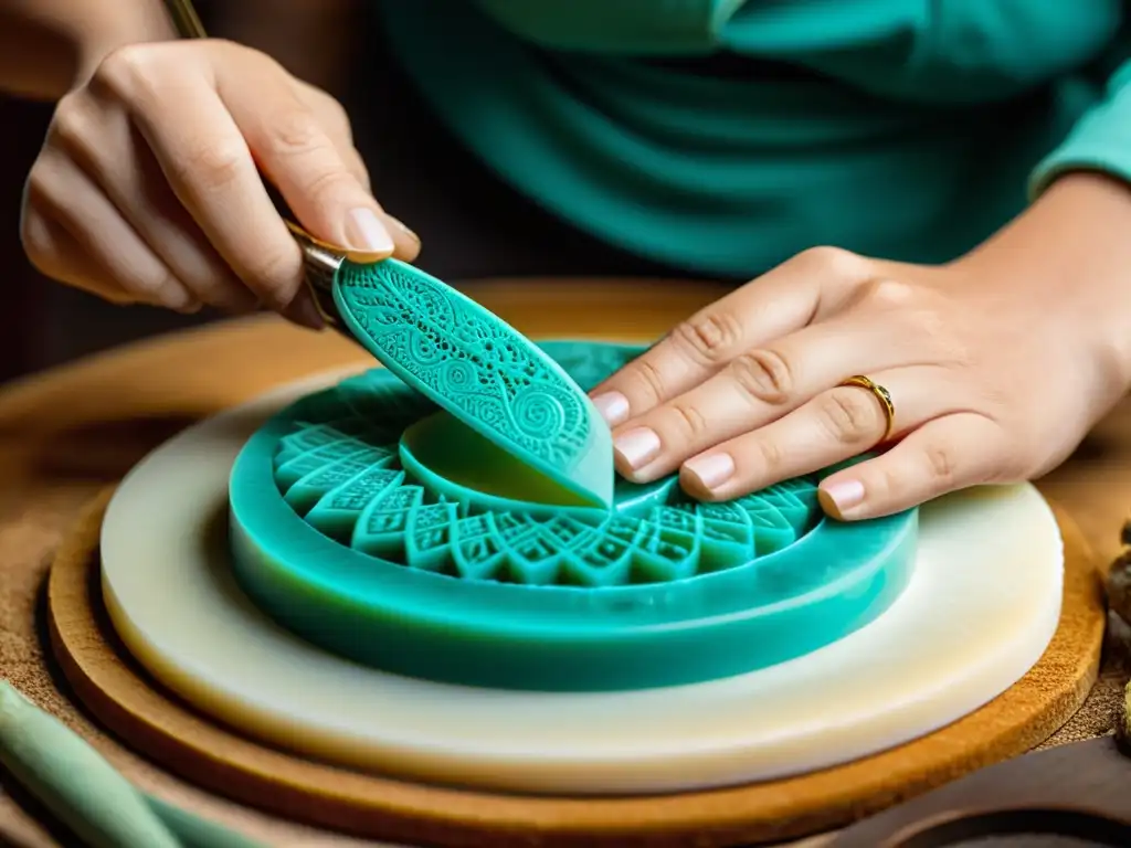 Un experto artesano talla con destreza una vibrante turquesa en una joya exquisita, destacando la belleza natural de los minerales y la artesanía