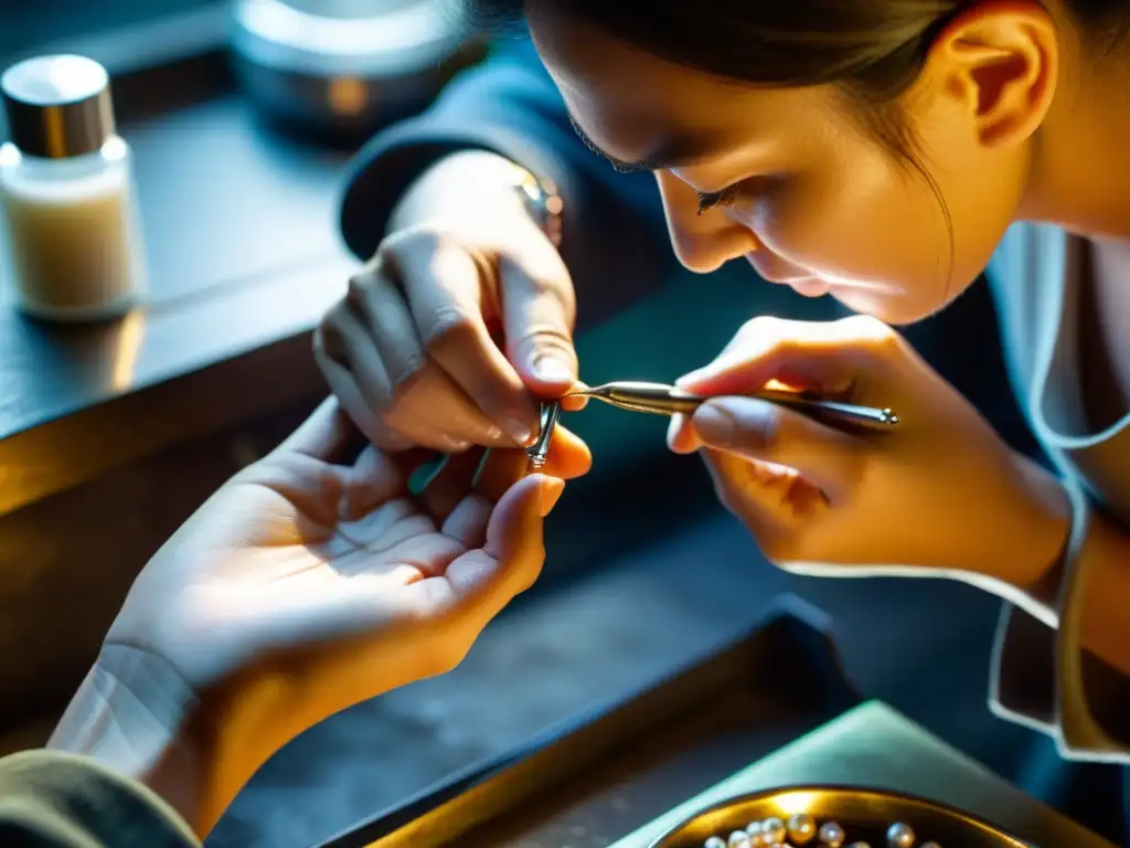 Un experto artesano en un taller de joyería especializado en perlas y corales, hilando una perla en una cadena de plata brillante