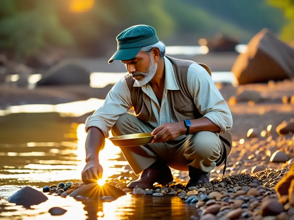 Un experto buscador de gemas usando técnicas milenarias en un río iluminado por el cálido atardecer