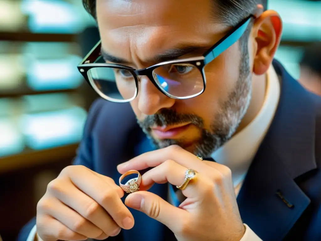 Un experto en joyería examina detalladamente un deslumbrante anillo de diamantes en una subasta, destacando su destreza y la exquisitez de la joya