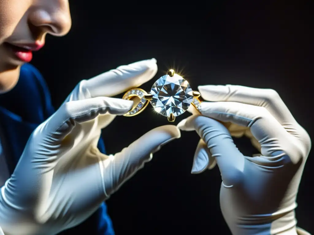 Experto examina con detalle un collar de diamantes en subasta de alta gama joyería