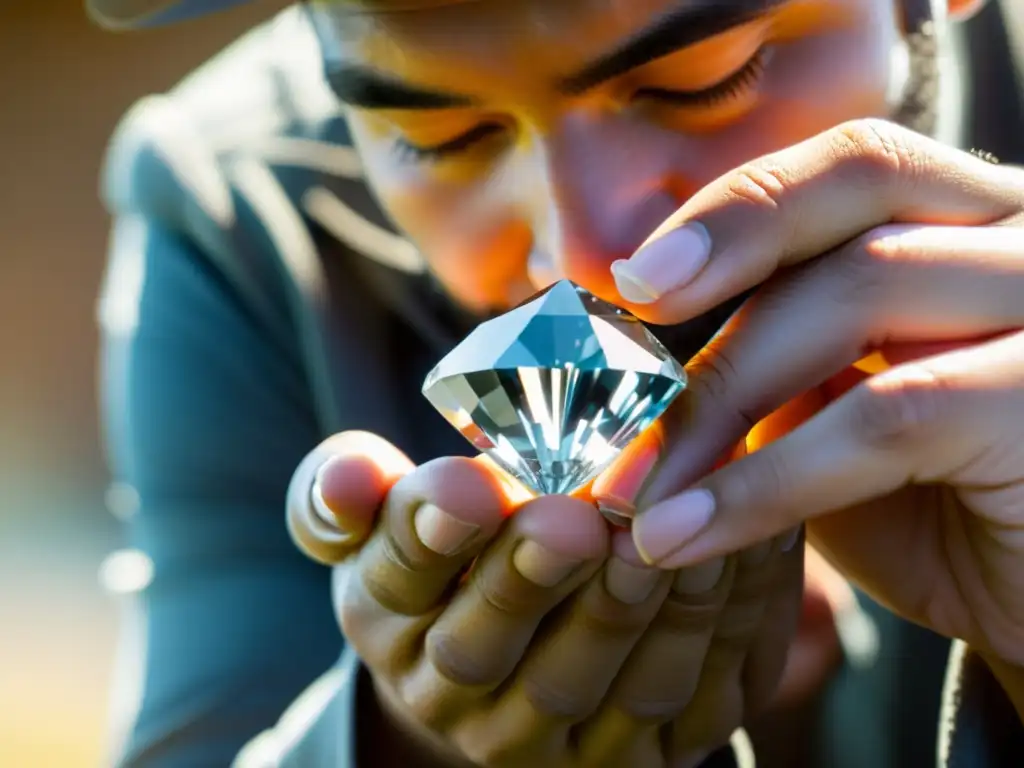 Examinando diamantes: Artesano experto en acción Un experto en joyería ética examina detenidamente un diamante bruto bajo la luz natural, revelando sus detalles únicos y patrones
