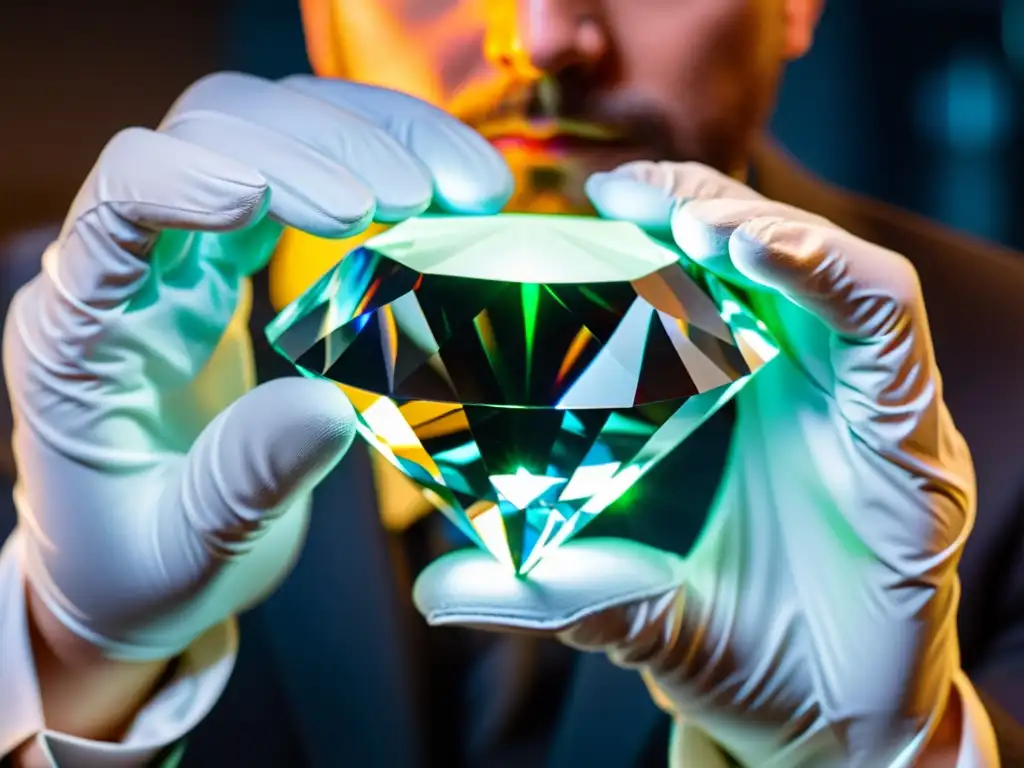 Experto examina un diamante impecable bajo intensa luz, resaltando su pureza y valor