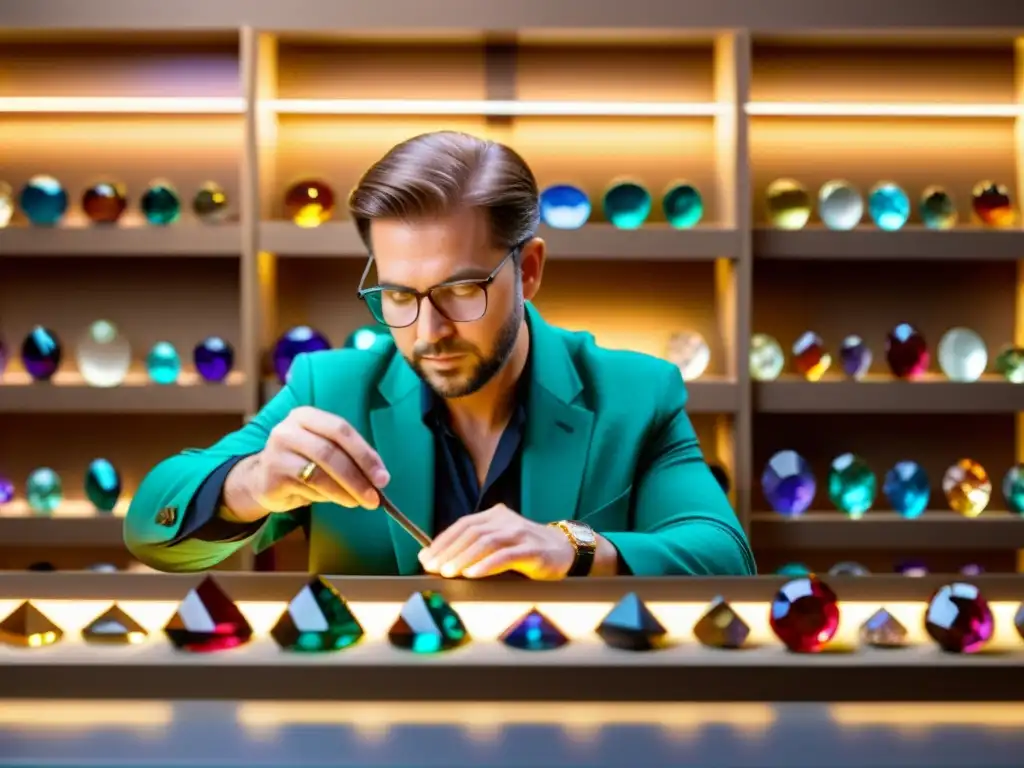 Experto en gemas examina con cuidado una piedra preciosa bajo una luz brillante, creando una atmósfera profesional y educativa