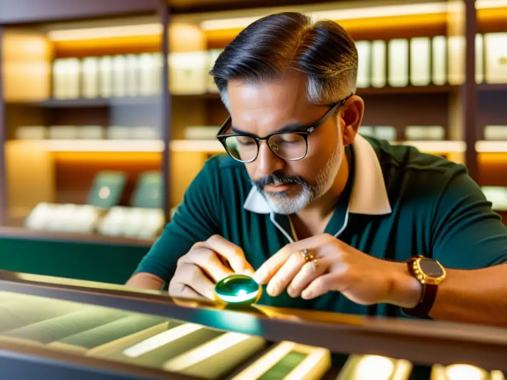 Un experto en certificación de gemas examina detalladamente una deslumbrante gema bajo una luz brillante y enfocada, transmitiendo la importancia de la certificación de gemas