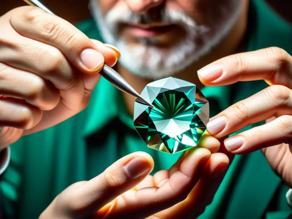 Examinando con precisión una rara gema sin cortar Un experto en gemas examina detalladamente una gema rara con precisión bajo una luz brillante