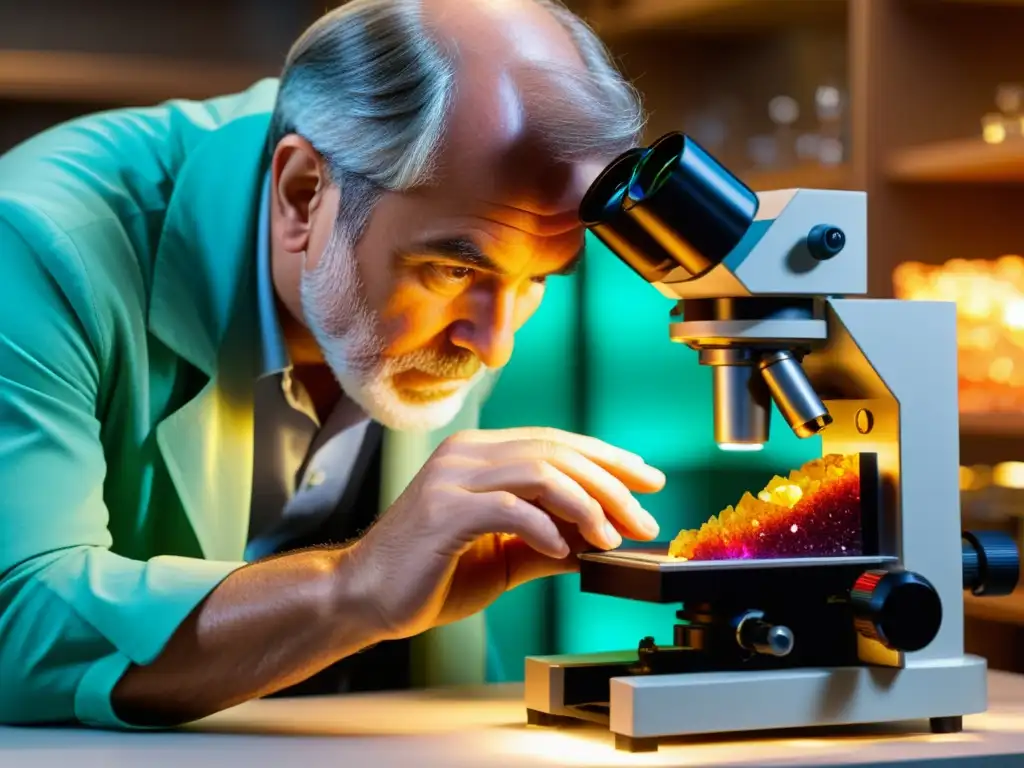 Experto geólogo analiza la química y formación de gemas bajo microscopio