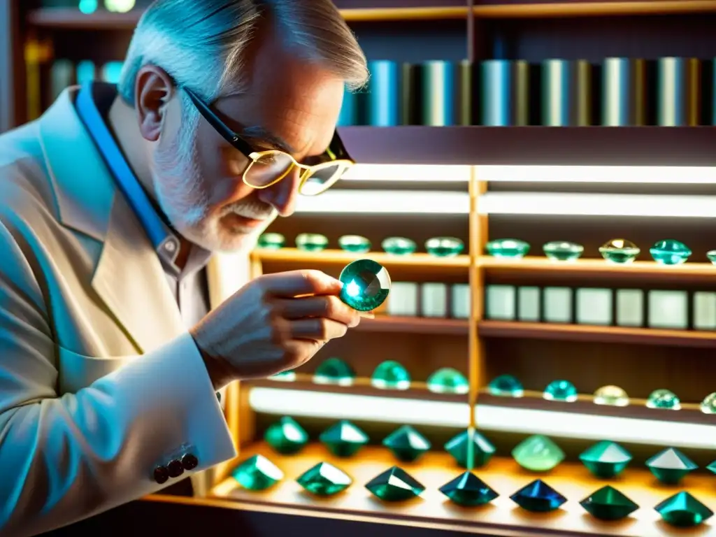 Un experto en gemas examina minuciosamente una rara piedra preciosa sin cortar, bajo una luz brillante