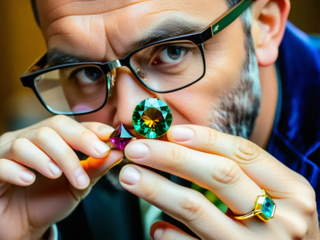 Experto en gemas analiza joya rara bajo luz natural Un experto en gemas raras inspecciona minuciosamente una joya bajo luz natural brillante, rodeado de herramientas y libros antiguos