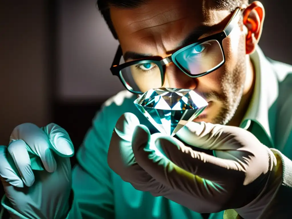 Un experto en gemología examina con precisión un diamante bajo una luz brillante en un laboratorio