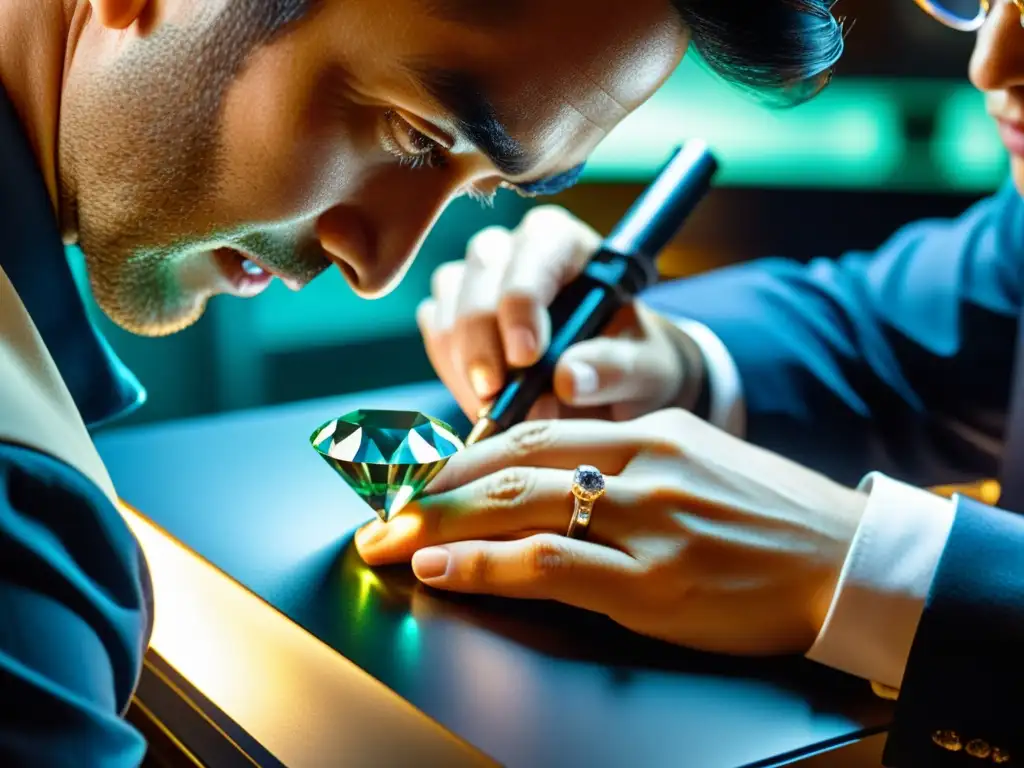 Un experto en gemología para joyeros examina con precisión un diamante bajo aumento, mostrando su brillo y detalles