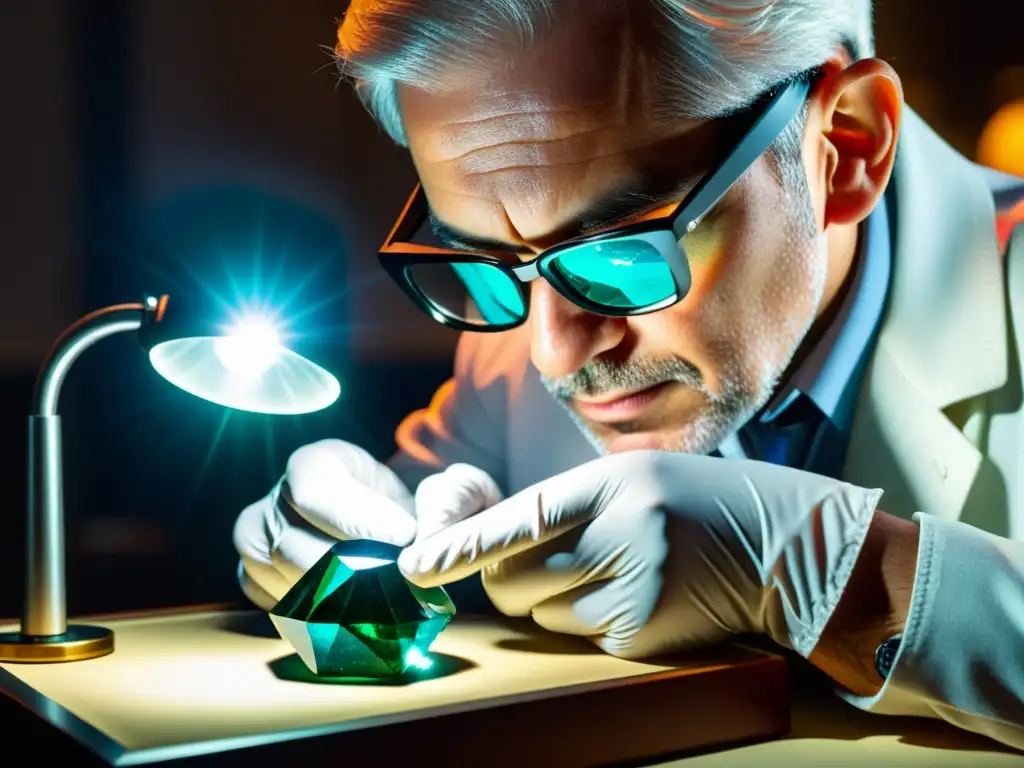 Un experto gemólogo examina con cuidado una piedra preciosa única bajo una luz brillante