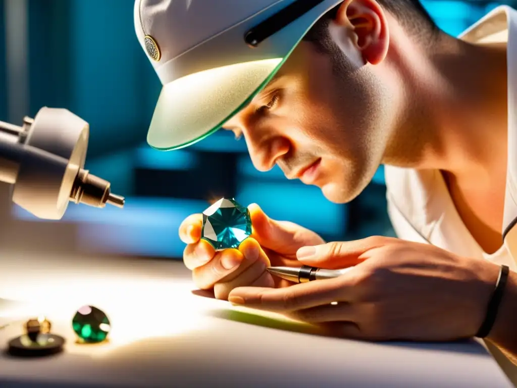 Un experto gemólogo examina con cuidado una piedra preciosa bajo luz brillante, resaltando su claridad y calidad