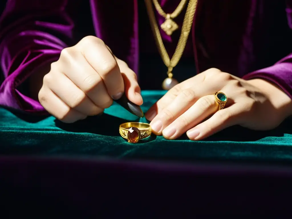 Experto en Gemología examina joya antigua Un experto gemólogo examina con delicadeza una antigua y hermosa gema bajo una luz brillante