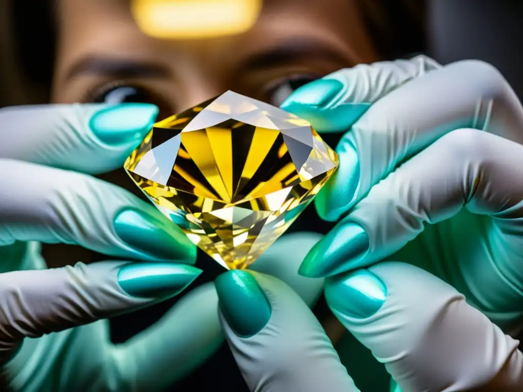 Un experto gemólogo examina detenidamente un deslumbrante diamante amarillo bajo la brillante luz natural