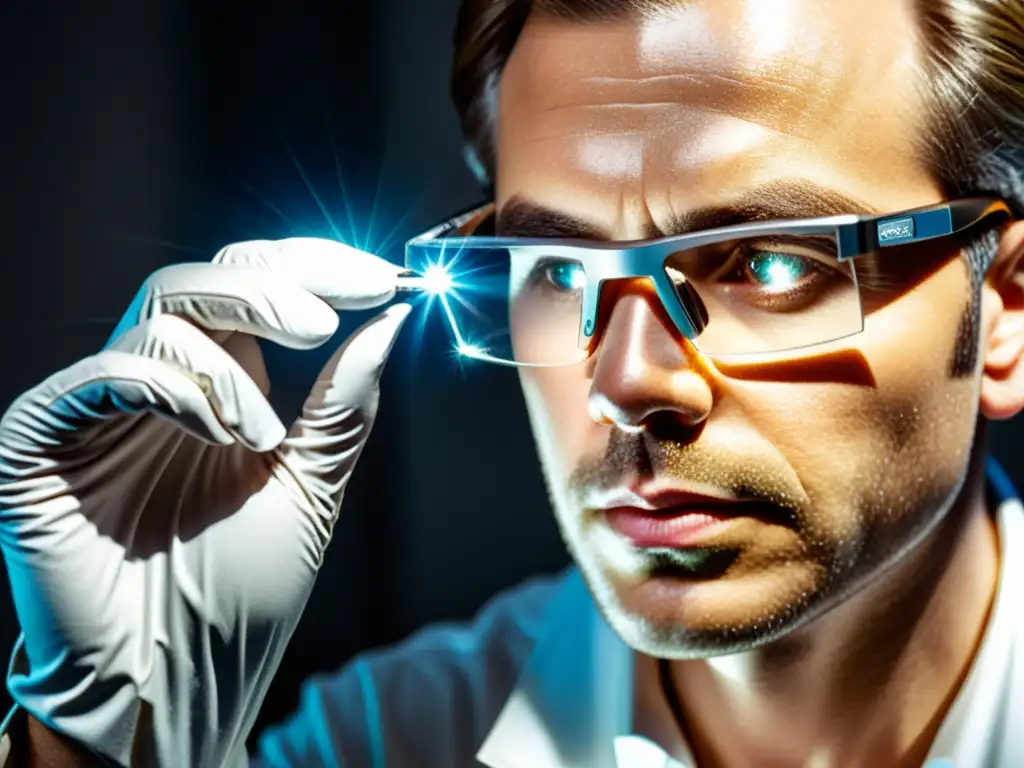 Examinación experta de diamante sin cortar Un experto gemólogo examina detenidamente un deslumbrante diamante sin cortar bajo una luz brillante