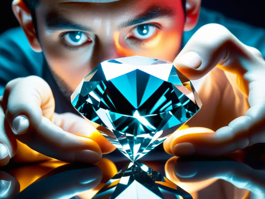 Un experto gemólogo examina un diamante impecable bajo luz blanca, buscando claridad y color