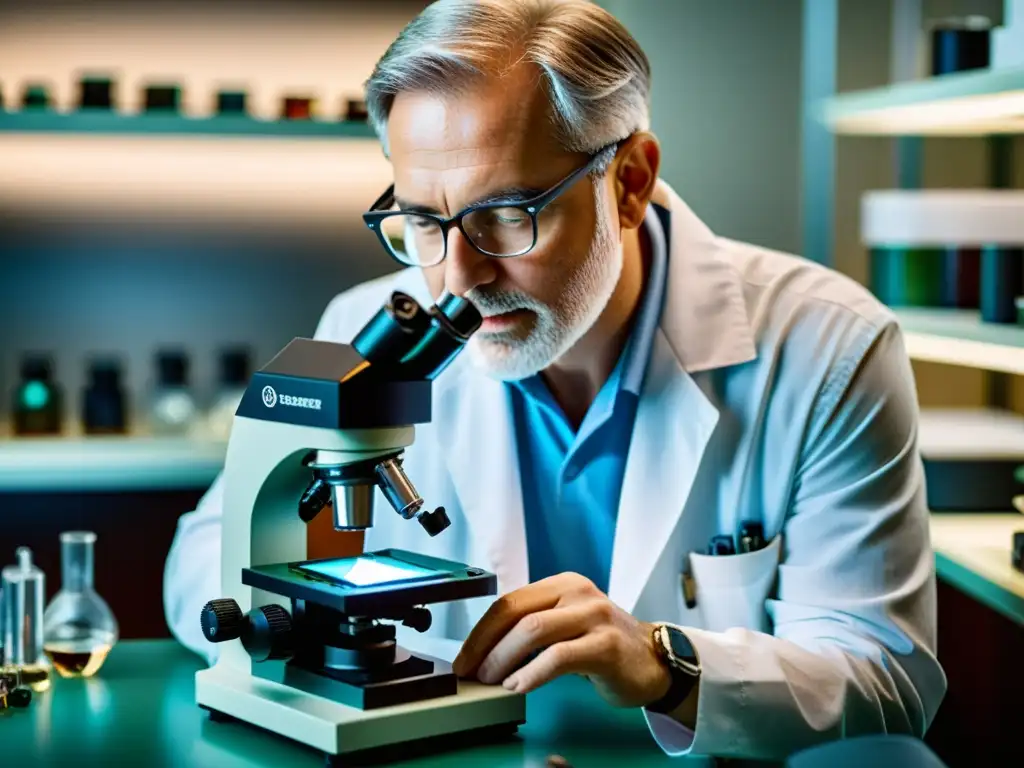 Un experto gemólogo examina una gema vibrante bajo microscopio en un laboratorio profesional