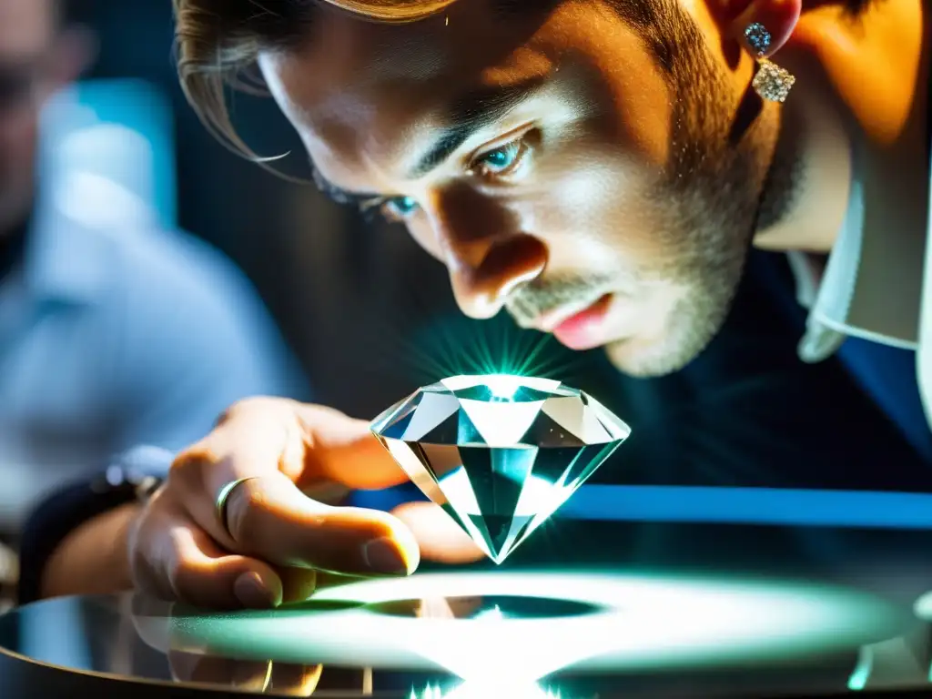 Un experto gemólogo examina minuciosamente un gran y brillante diamante bajo luz enfocada