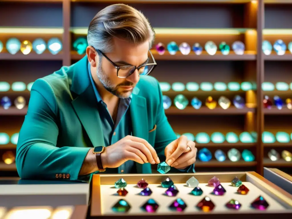 Un experto gemólogo examina meticulosamente una piedra preciosa bajo una luz brillante, destacando sus detalles y colores