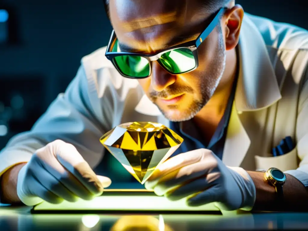 Un experto gemólogo inspecciona un raro diamante amarillo en un laboratorio de alta tecnología