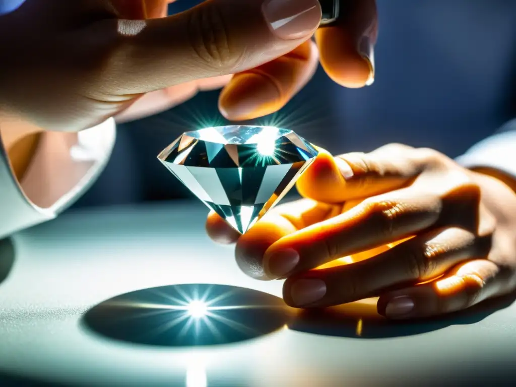 Experto examina con precisión un gran diamante bruto bajo intensa iluminación
