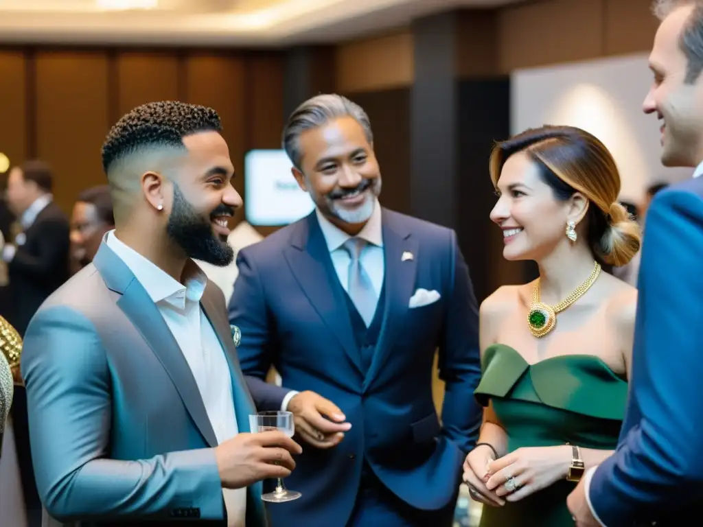 Un experto joyero entabla animada conversación con colegas en un elegante evento de networking en la industria joyera