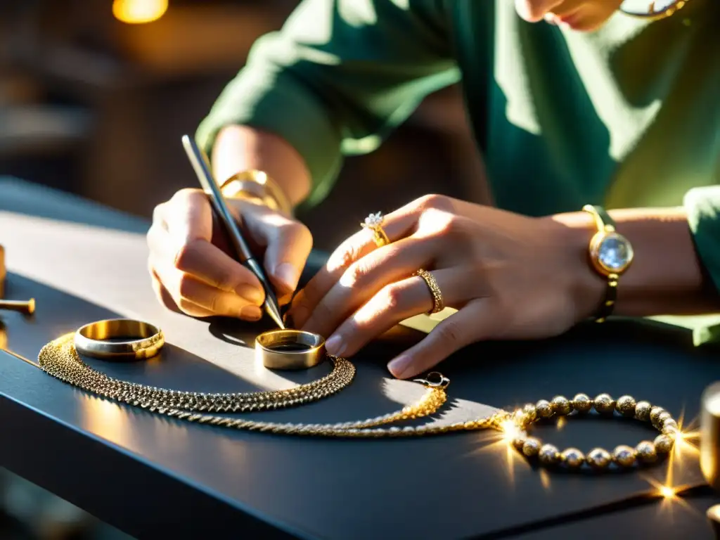 Un experto joyero crea un collar de diamantes en su taller, resaltando la artesanía y lujo