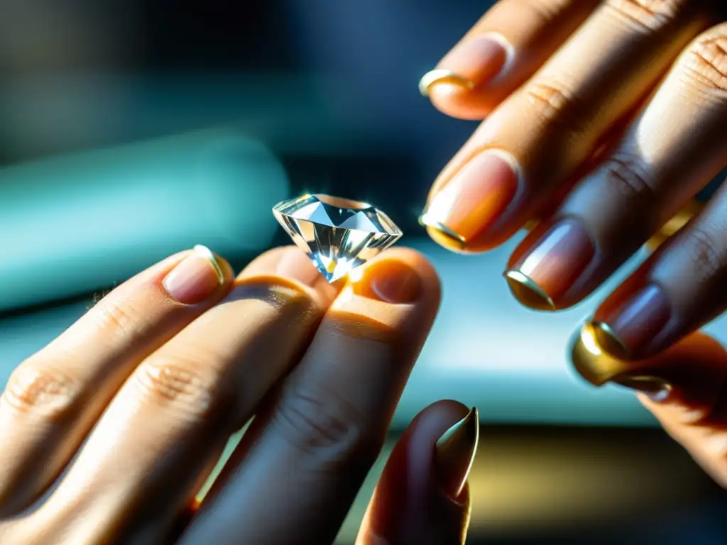 Un experto joyero examina con cuidado un diamante talla marquesa, en un taller elegante, resaltando la precisión y arte de la joyería fina