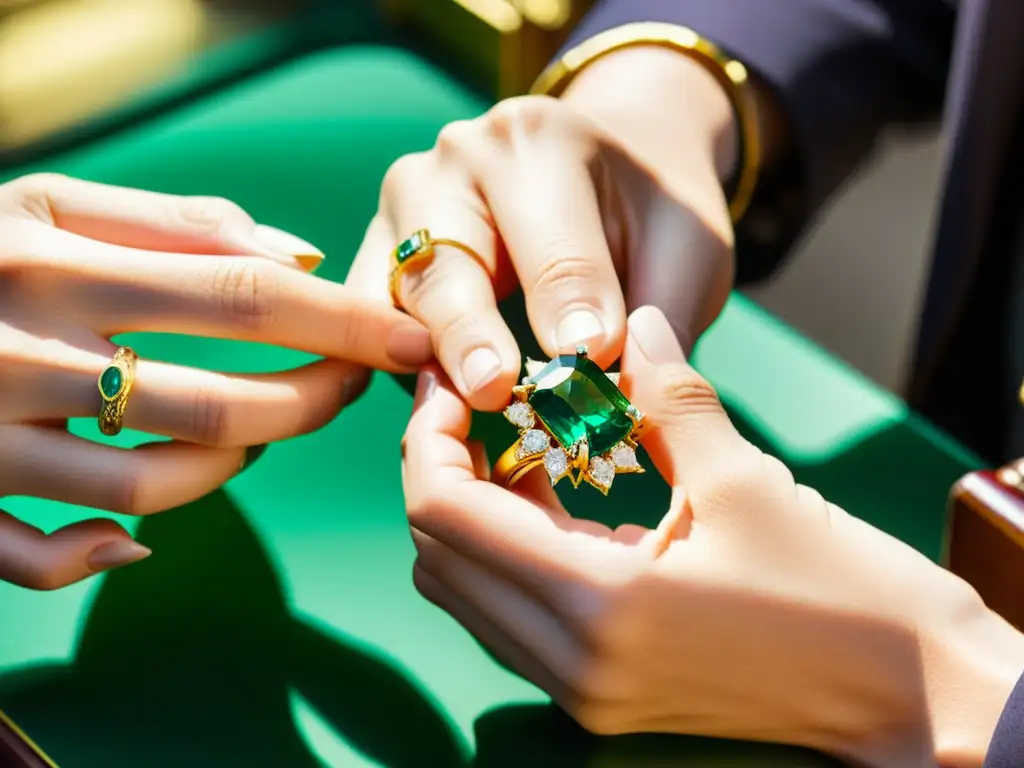 Un experto joyero coloca con cuidado un vibrante esmeralda en un elegante anillo de oro, mostrando el valor de las gemas en moda