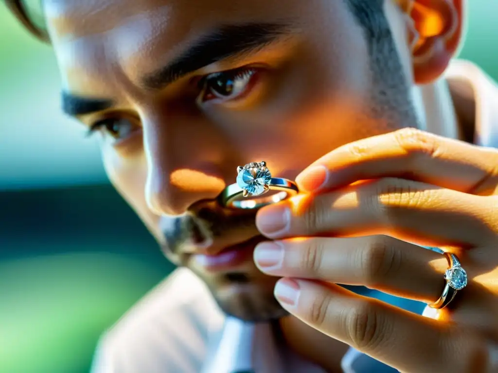 Un experto joyero examina minuciosamente un deslumbrante anillo de diamantes bajo la luz natural