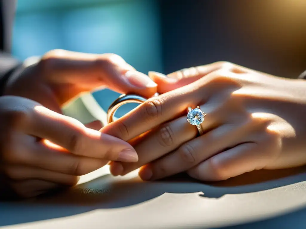 Un experto joyero sostiene delicadamente un deslumbrante anillo de diamantes, resaltando las técnicas creativas de fotografía de joyas