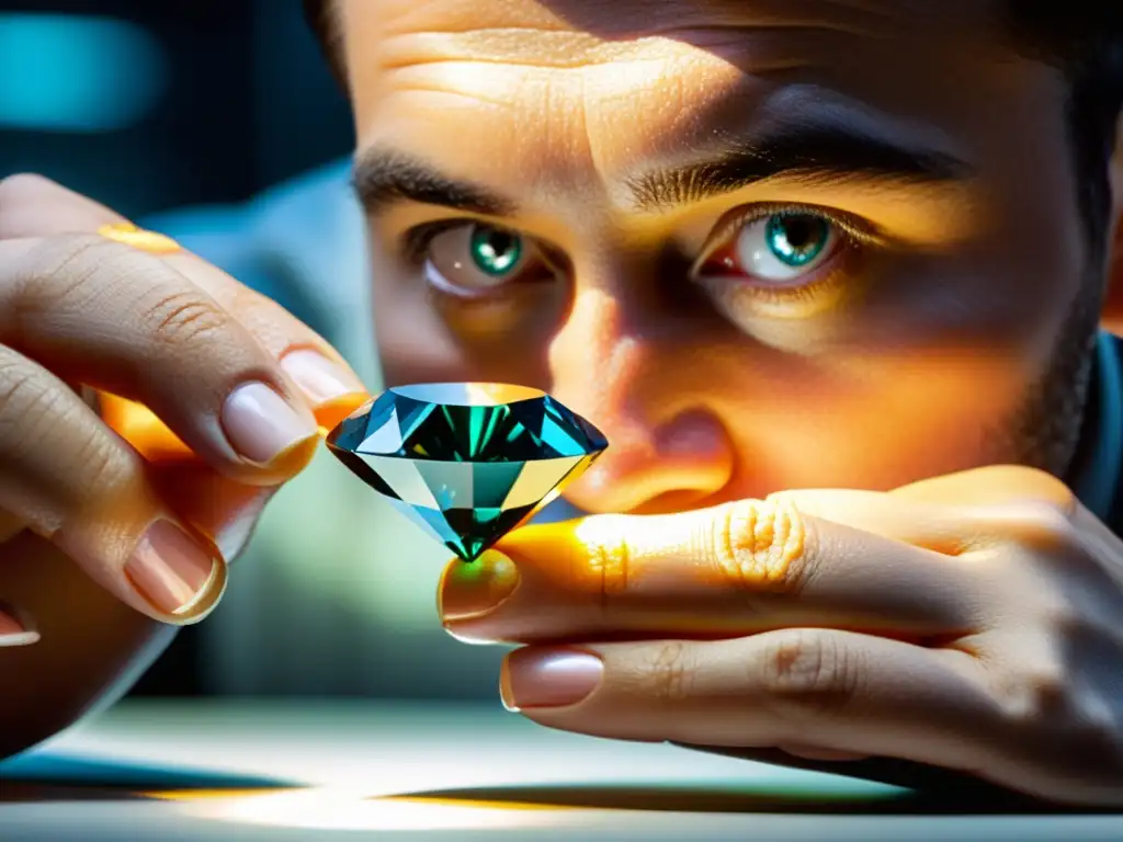 Experto joyero examina minuciosamente un deslumbrante diamante de colores, destacando la importancia de la compra inteligente de diamantes de colores