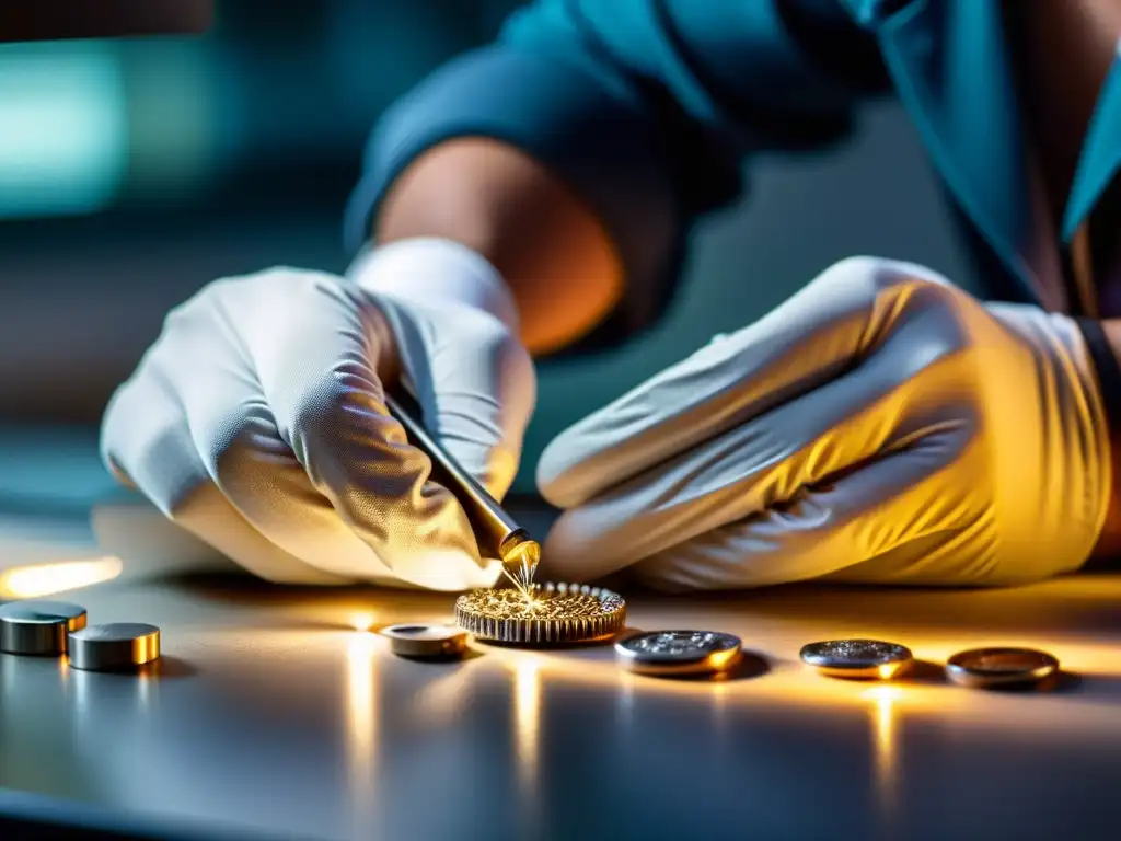 Un experto joyero manipula con destreza piezas de joyería en un taller organizado, usando guantes de trabajo para joyeros