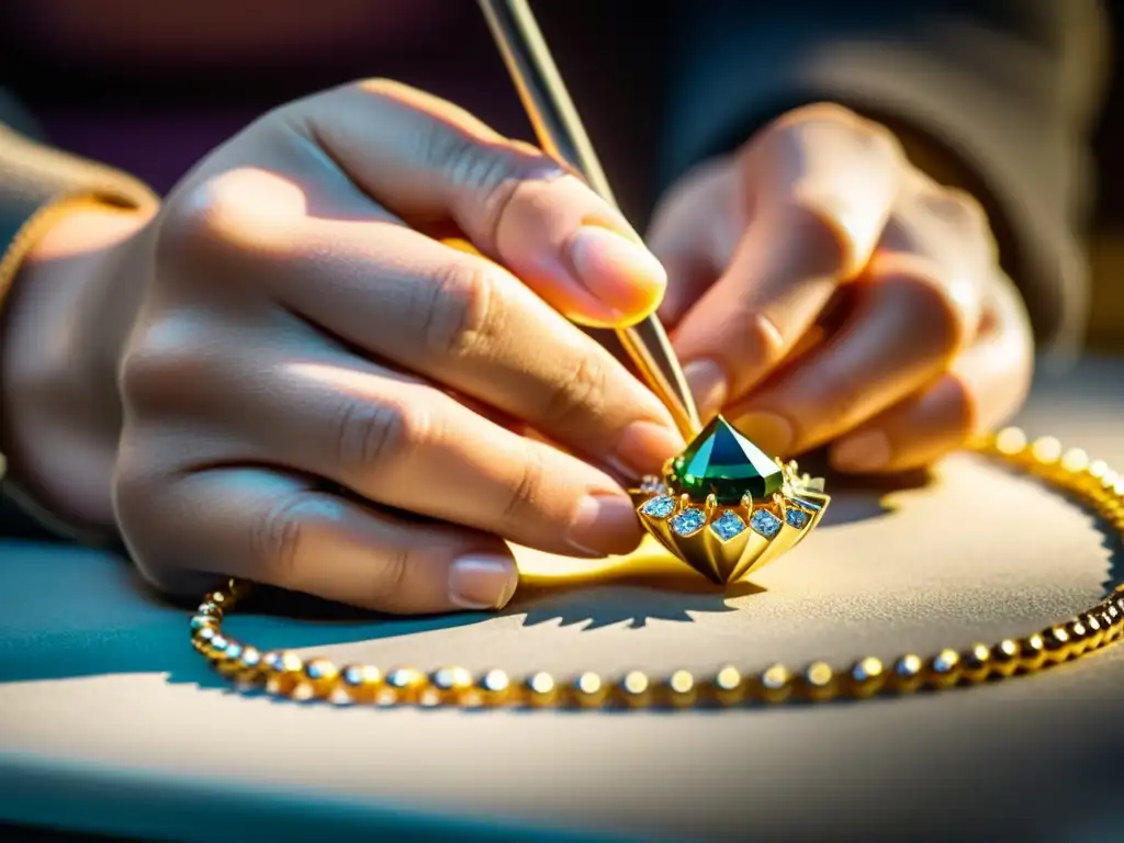 Un experto joyero con habilidades artesanales crea un collar de gemas, destacando el meticuloso proceso de corte y engaste