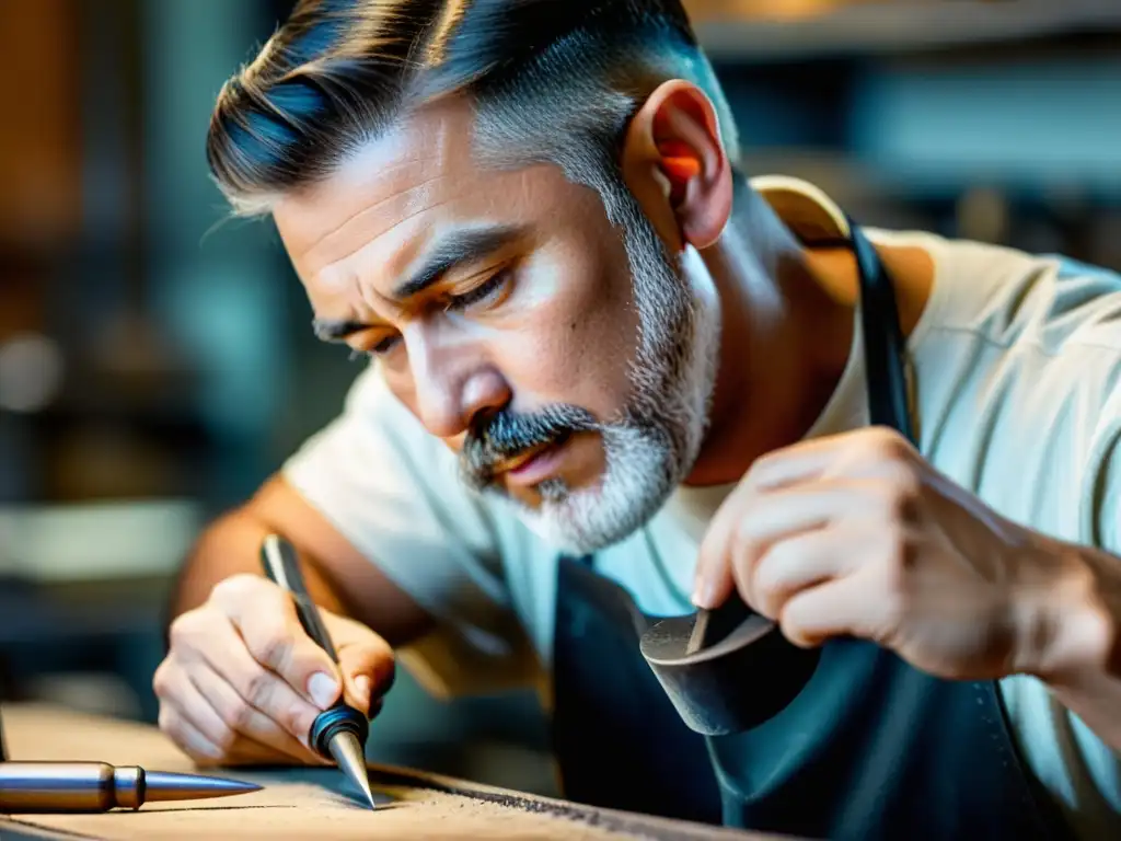 Un experto joyero utiliza un martillo de precisión para dar forma a una joya, mostrando el arte y la precisión en el uso de martillos para joyería