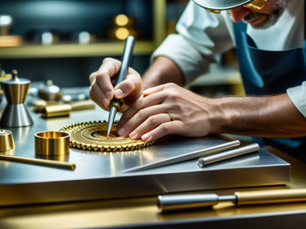 Un experto joyero trabaja meticulosamente metales preciosos en su taller, mostrando la metalurgia para joyeros con maestría