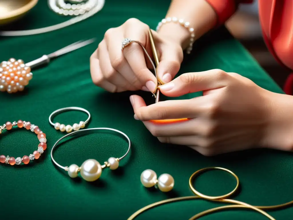 Un experto joyero ensarta perlas y corales con destreza en un taller especializado, demostrando su meticulosa artesanía