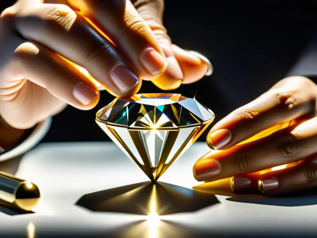 Un experto joyero coloca con precisión un deslumbrante diamante en un exquisito engarce de oro, mostrando la artesanía y la autenticidad en la joyería