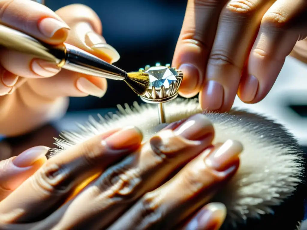 Un experto joyero cuida con precisión un deslumbrante anillo de diamantes, resaltando la importancia de consejos para preservar joyería fina