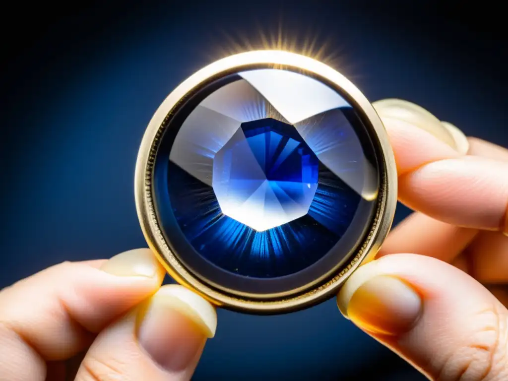 Un experto joyero examina detalladamente un zafiro azul, mostrando sus intrincadas inclusiones y juego de luces