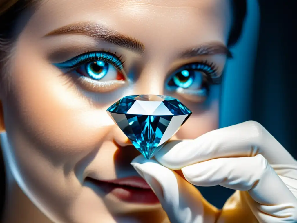 Examinación detallada de un raro diamante azul Un experto examina detenidamente un raro diamante azul, destacando su belleza y valor