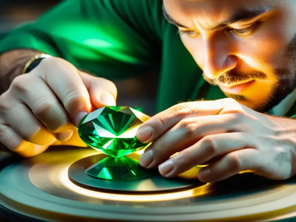 Un experto tallador de gemas da forma a un raro y vibrante esmeralda verde, capturando su juego de luz