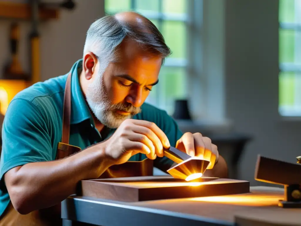 Un experto tallador de gemas da forma a un topacio brillante con precisión, rodeado de luz natural