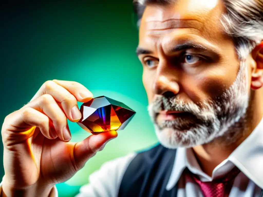 Un experto gemólogo virtual examina detalladamente una deslumbrante piedra preciosa, revelando su belleza natural y características únicas